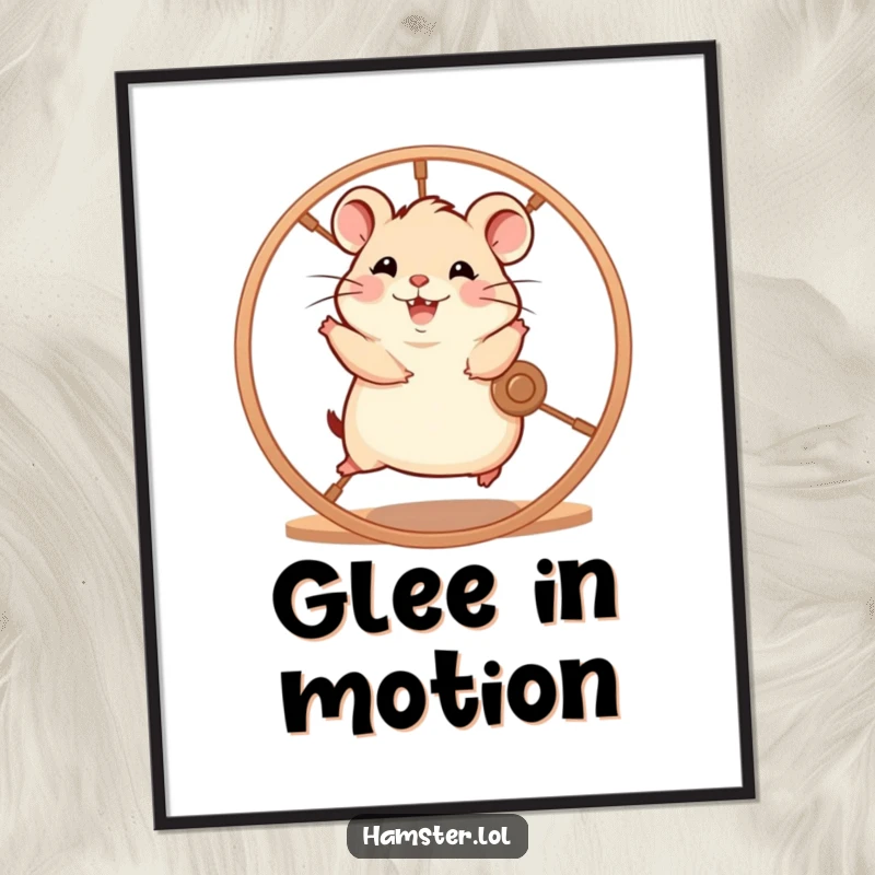 Funny hamster character enthusiastically running on a spinning wheel with glee, a humorous poster print for inspiration.