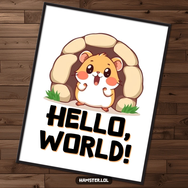 Funny poster print of a surprised hamster character emerging from a tiny tunnel, its eyes expressing comical shock and wonder.