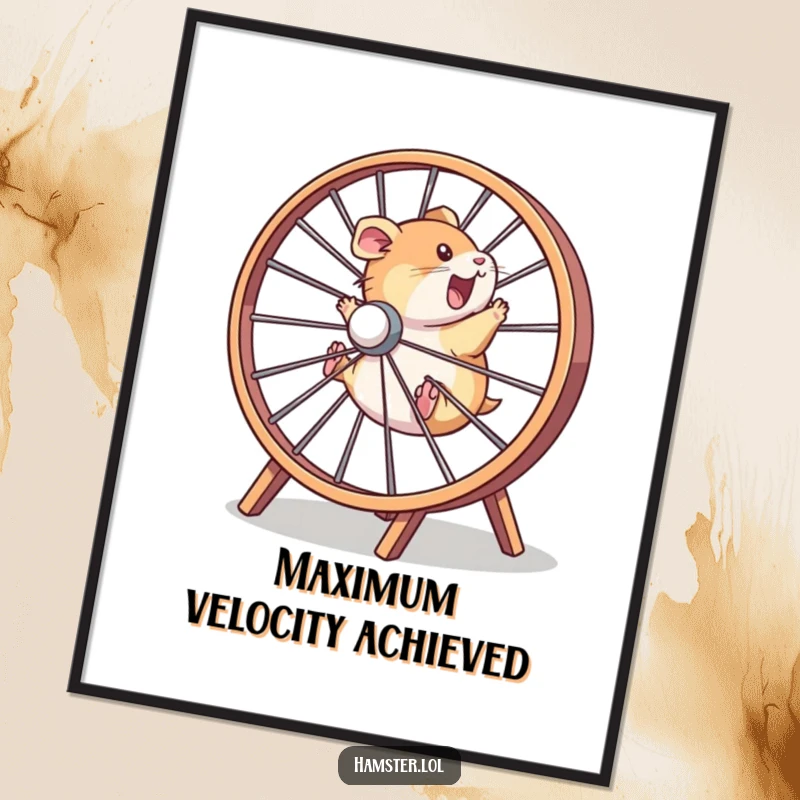 Funny hamster character in energetic motion within a large wheel, creating a humorous and dynamic poster print.