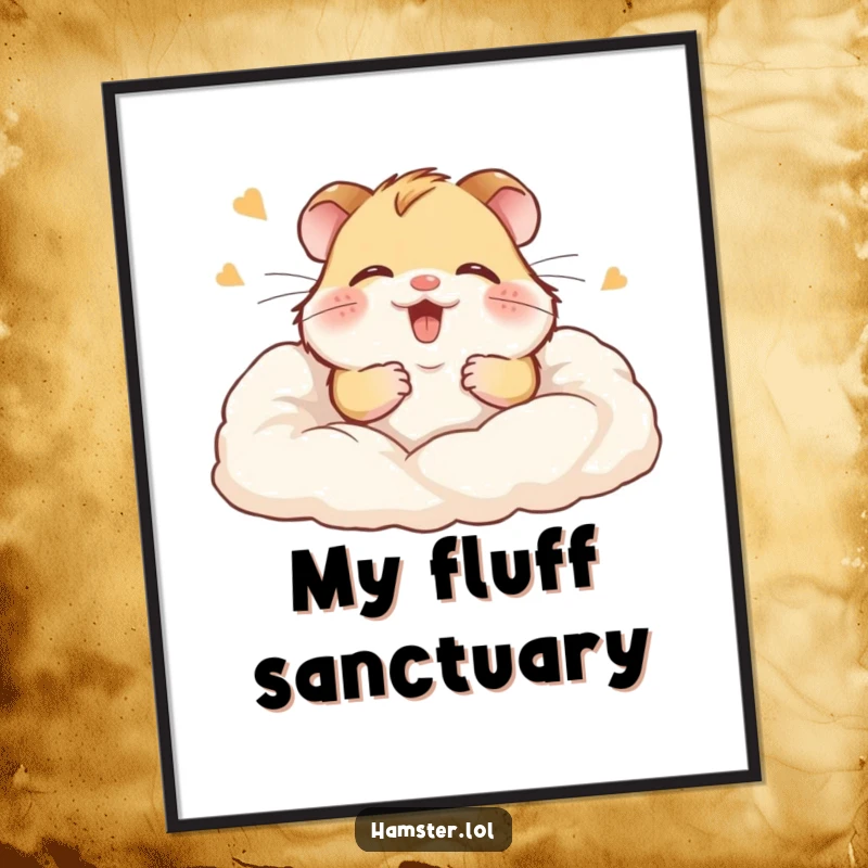Funny poster featuring a giggling hamster gleefully burying itself in a pile of soft bedding, radiating joy.