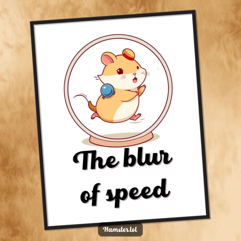 Funny hamster character running fast on a spinning wheel, presented as dynamic and amusing wall art.