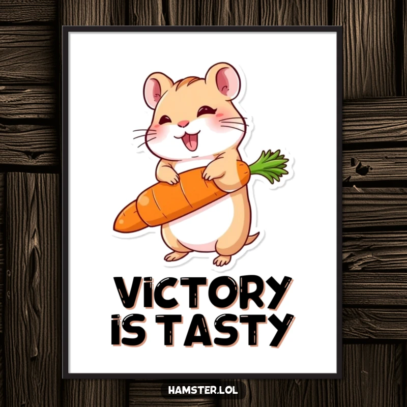 Funny poster print of a delighted hamster character triumphantly balancing a carrot far larger than itself, showcasing its prize.