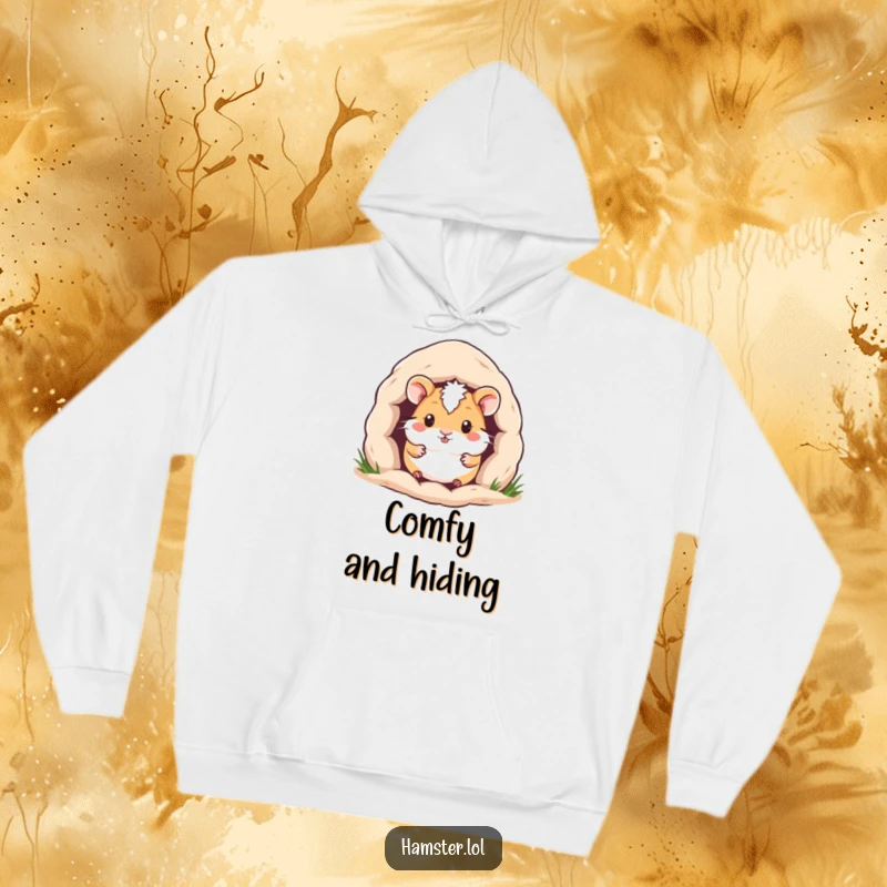 Funny Hamster Hoodie: Cute hamster peeking from its cozy burrow, offering a glimpse of warmth and comfort.