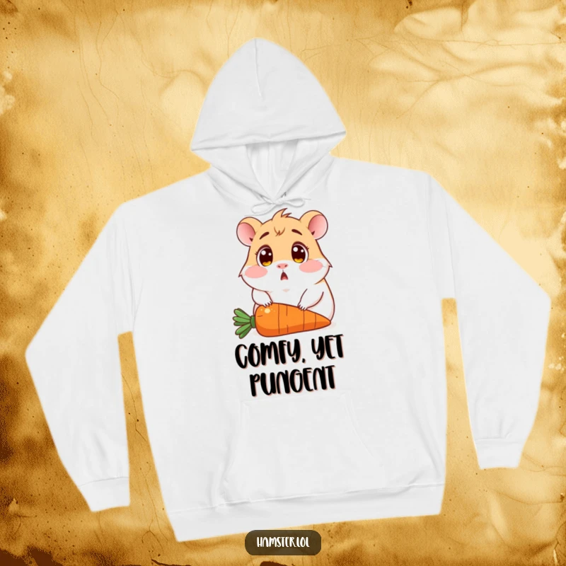 Funny hoodie featuring a wide-eyed, surprised hamster comically perched on a carrot, radiating an aura of shock and amusement.