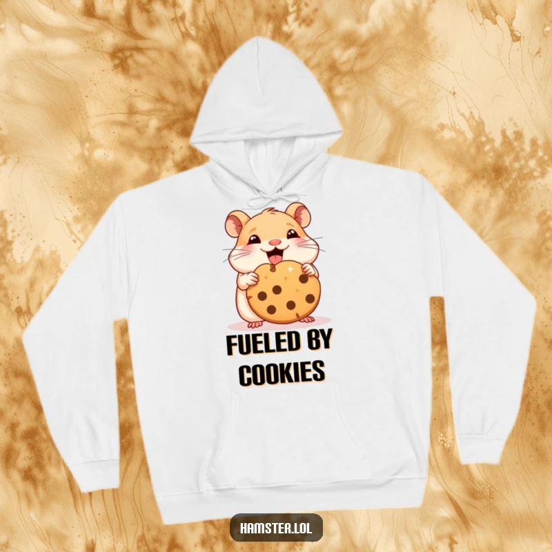 Funny hamster hoodie showing a happy character devouring a gigantic cookie piece, bringing warmth and smiles.