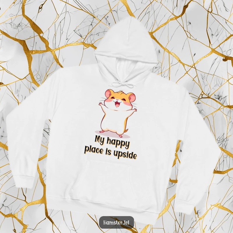 Funny hamster character in a dynamic somersault pose, depicted on a soft and humorous hoodie.