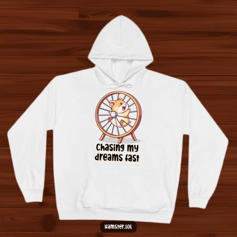 Funny hamster character in a joyful frenzy, running in an oversized wheel, depicted on a warm and humorous hoodie.