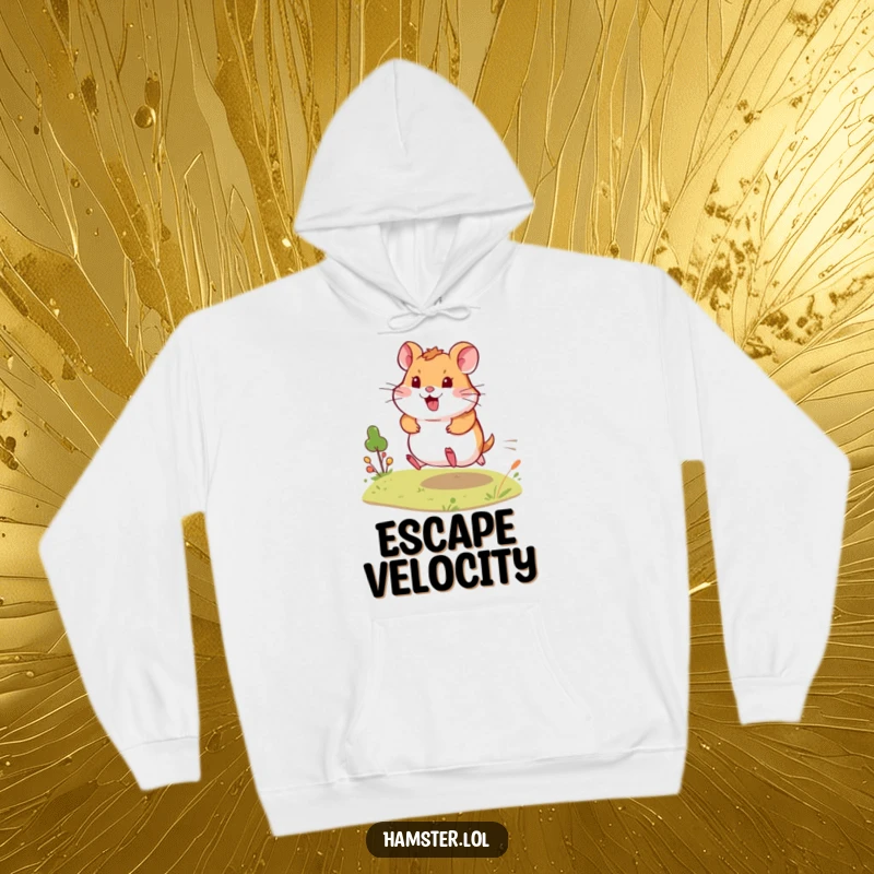 Funny Hoodie shows a lively hamster dashing across a miniature landscape, offering warmth, comfort, and a humorous sense of energy.