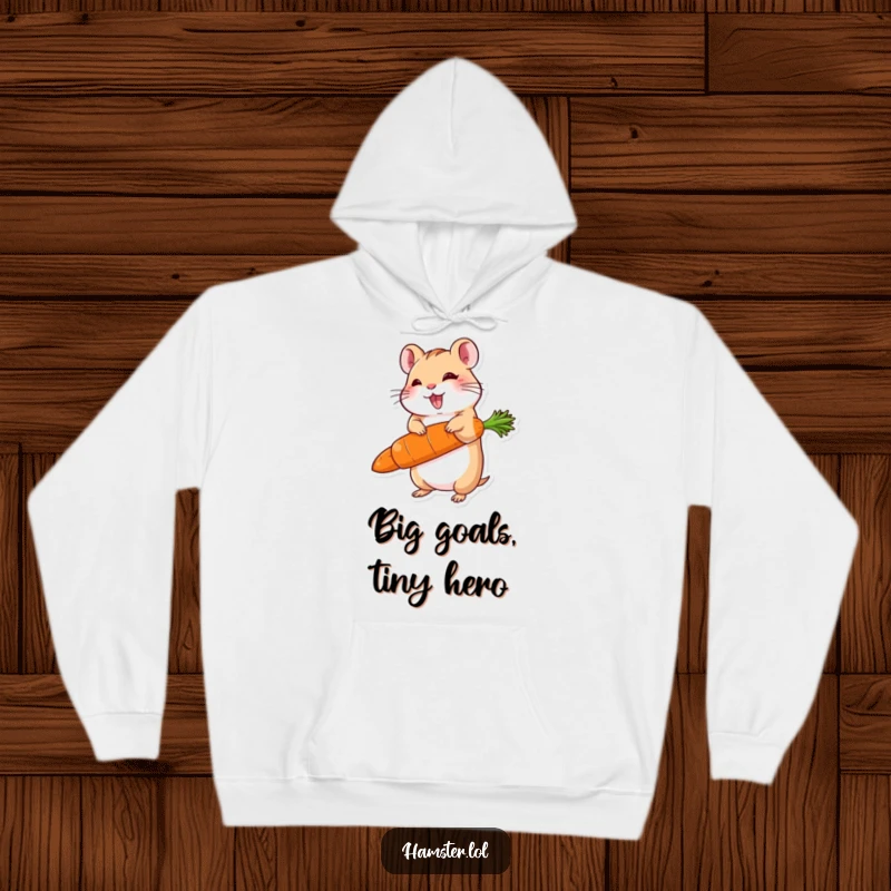 Funny hoodie featuring a delighted hamster character balancing a carrot much larger than itself, embodying a sense of proud accomplishment.