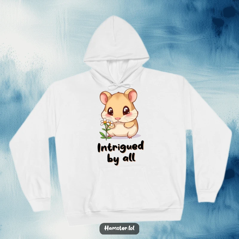 Funny curious hamster hoodie, a wide-eyed hamster character sniffing a tiny flower, a cozy and humorous design.