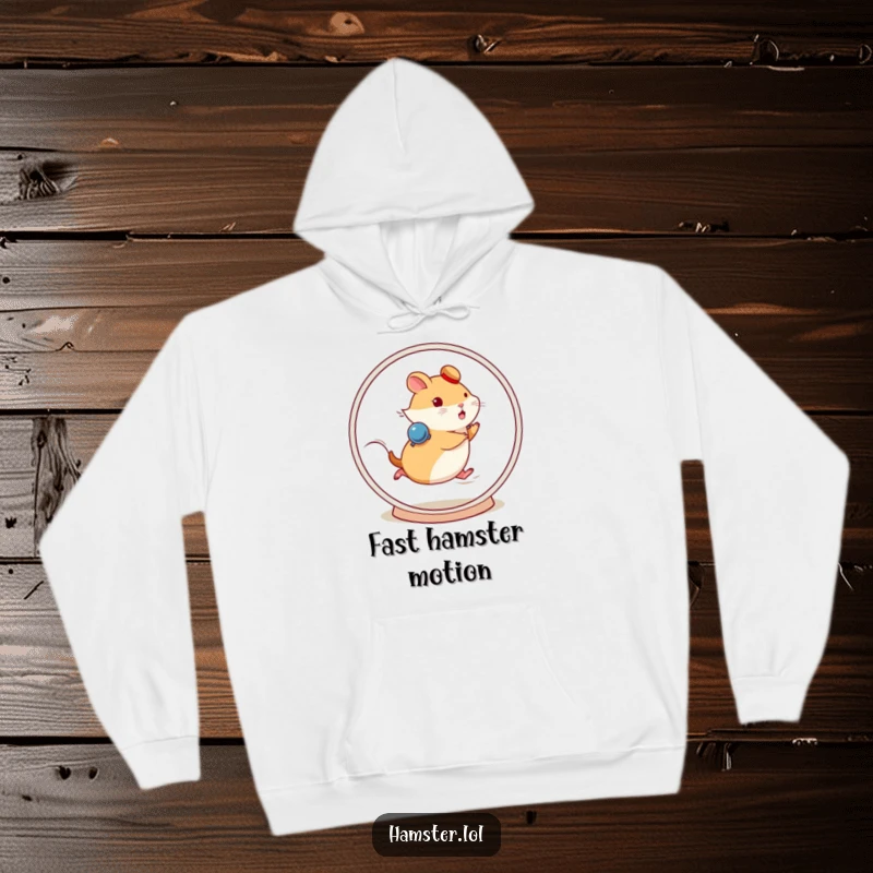 Funny hamster character running fast on a spinning wheel, designed for a warm and humorous hoodie.