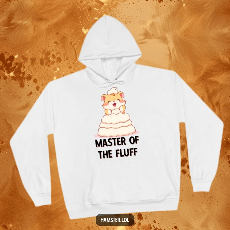 Funny hoodie depicting a cheerful hamster actively building a high tower using fluffy bedding material, radiating joy and determination.