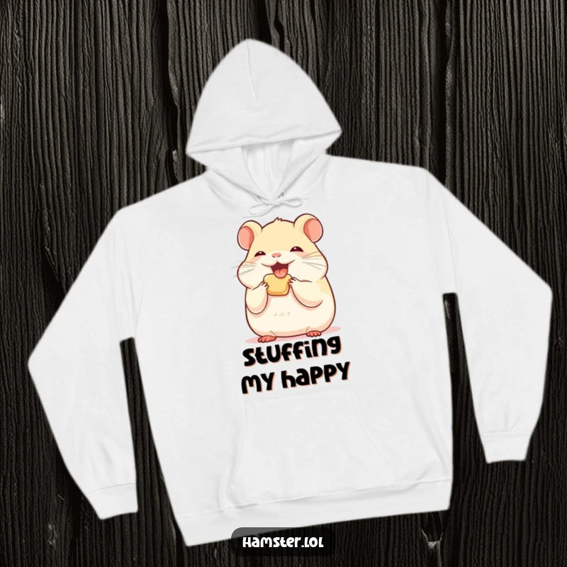 Funny hamster character stuffing its cheeks with joy, designed for a warm and humorous hoodie.