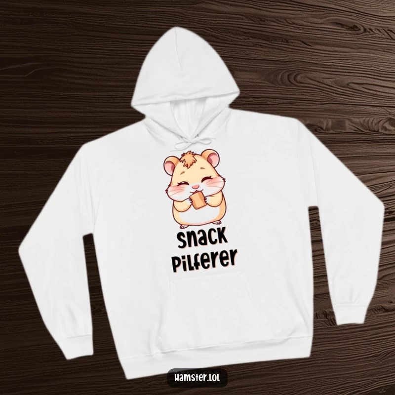 Funny hoodie featuring a cheeky hamster winking conspiratorially while hiding a tiny treat, perfect for cozy mischief.