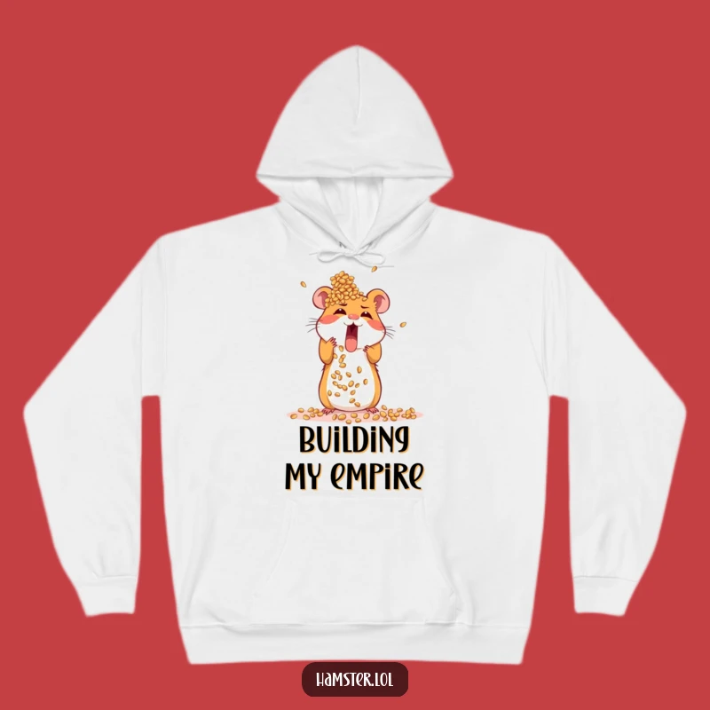 Funny Hamster Hoodie: Cozy sweatshirt with excited rodent building seed tower, a warm funny gift