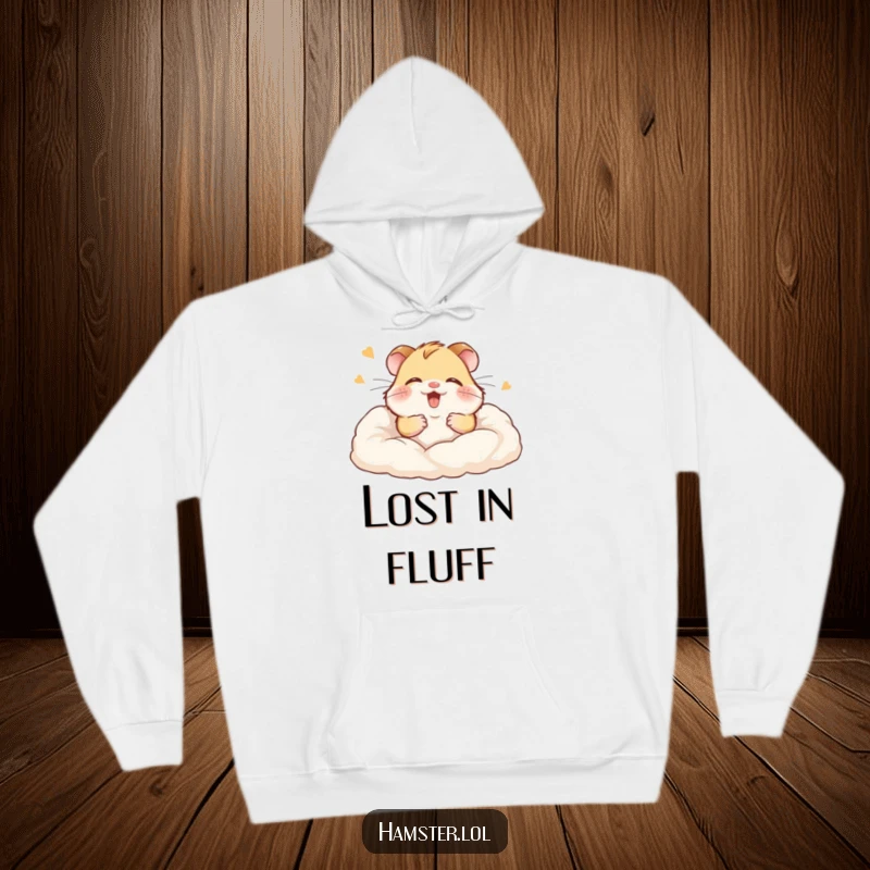 Funny hoodie featuring a giggling hamster gleefully burrowing into a mountain of soft bedding, looking utterly content.
