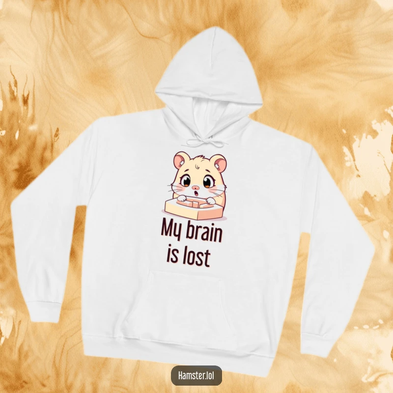 Funny surprised hamster character with widened eyes looking at a tiny maze, a warm and humorous hoodie.