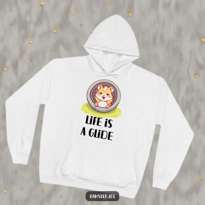 Funny hamster character playfully sliding down a tube with a smile, a warm and humorous hoodie.