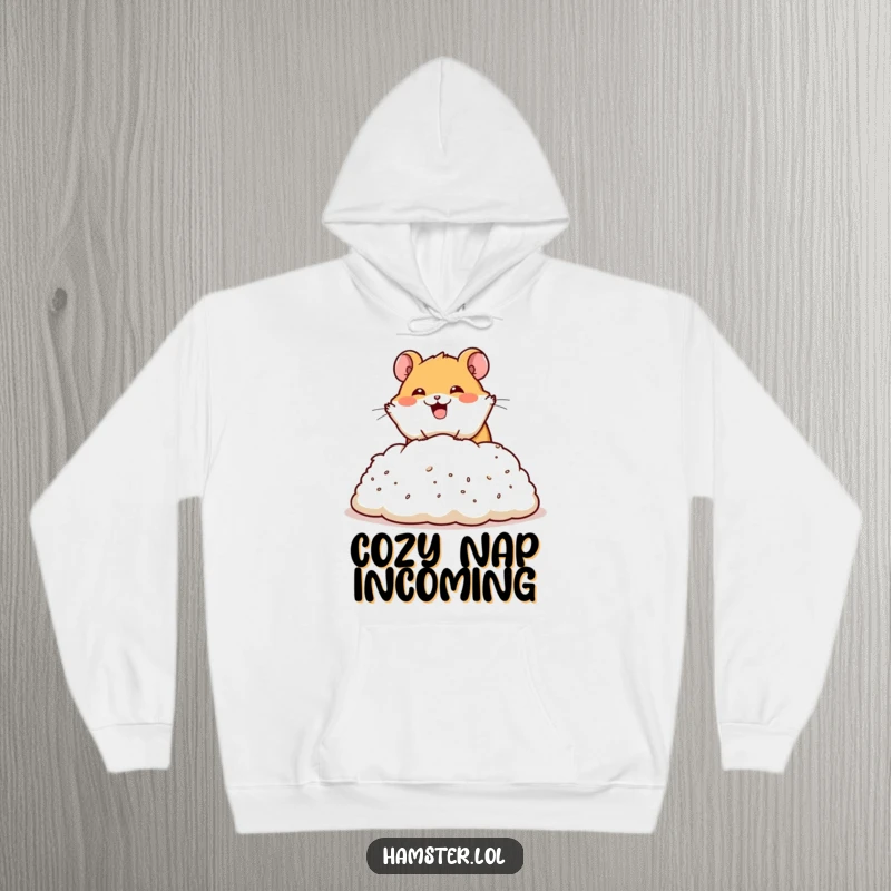 Funny hoodie featuring a happy hamster character performing a dramatic dive into a pile of bedding, embodying joyful abandon.