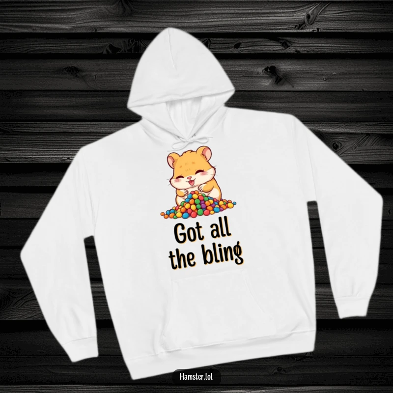Funny hoarding hamster hoodie, a mischievous hamster character collecting a pile of colorful beads, a cozy and humorous design.
