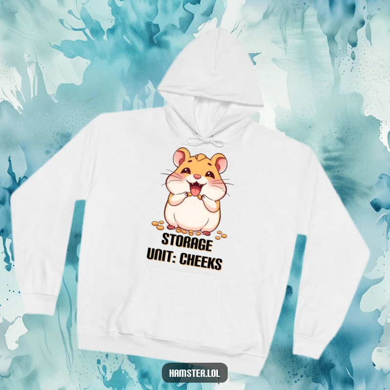 Funny hoodie featuring a joyful hamster character enthusiastically stuffing its cheeks to capacity with seeds, looking utterly pleased.