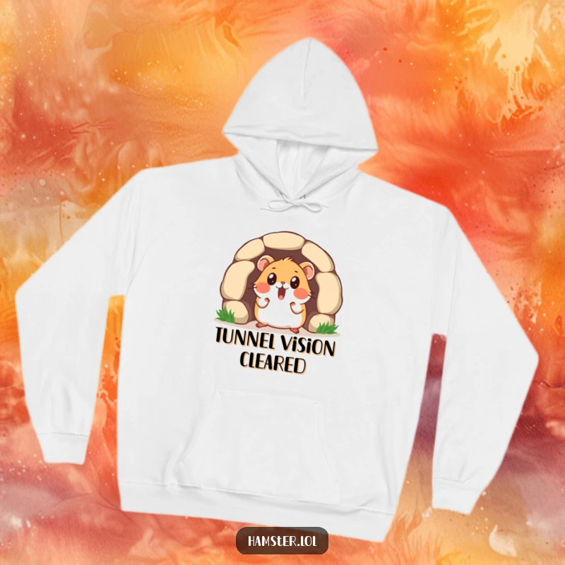 Funny hoodie depicting a surprised hamster character emerging from a tiny tunnel, giving a comical wide-eyed look.