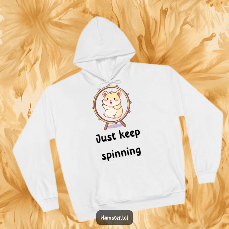 Funny Hoodie showcasing a determined hamster comically running in a giant spinning wheel, radiating pure, unadulterated funny energy.