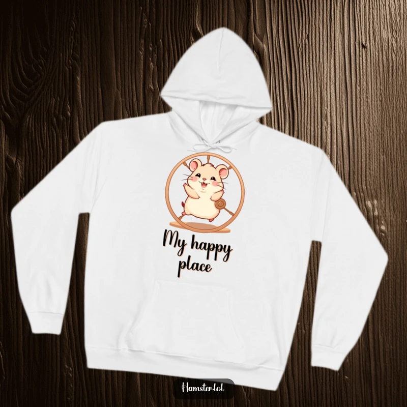 Funny hamster character enthusiastically running on a spinning wheel with glee, a warm and humorous hoodie.