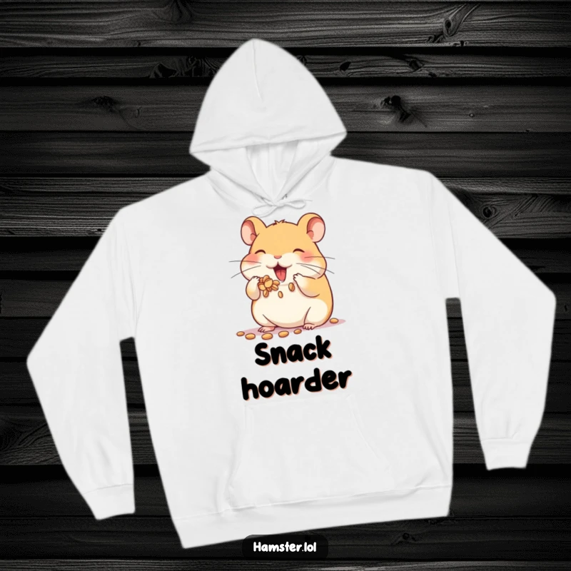 Funny hoodie depicting a hamster character enthusiastically stuffing its cheeks full of seeds, radiating adorable hoarding tendencies.