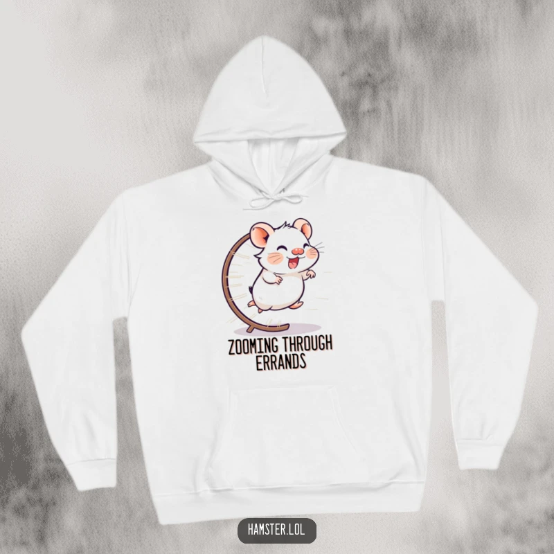 Funny hoodie featuring a giggling hamster character running at lightning speed on its wheel, embodying pure, joyful motion.