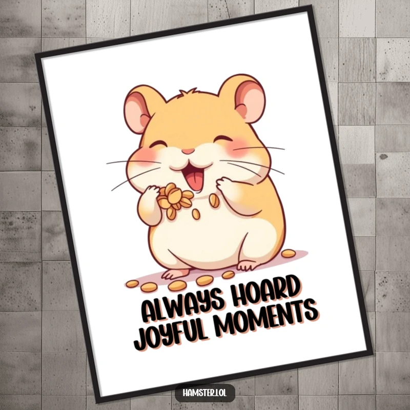 Funny Free Printable Wall Art: A hamster character enthusiastically stuffing its cheeks to capacity with seeds.