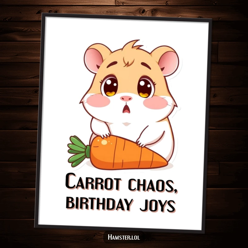 Funny Free Printable Wall Art: A hamster with huge eyes, sitting on a carrot, expressing surprise.