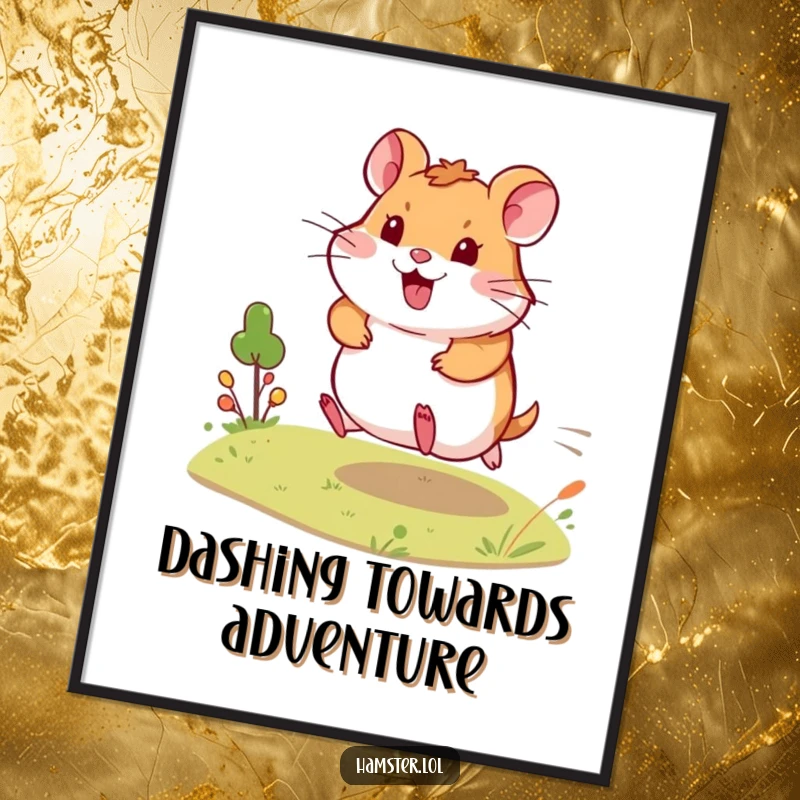 Funny Free Printable Wall Art: Energetic hamster happily dashes across a tiny landscape, adding a sense of playful motion to decor.