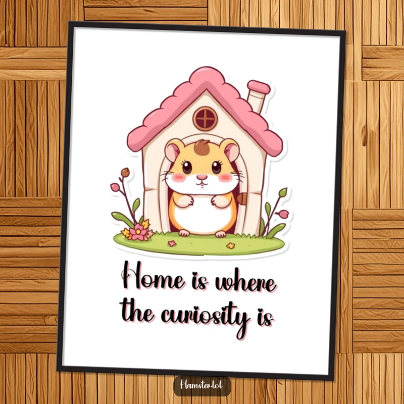 Curious free printable wall art of a cute hamster peeking inquisitively from the doorway of a miniature house.