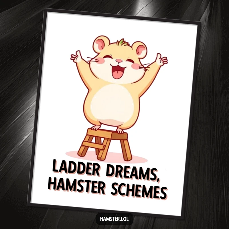 Joyful free printable wall art of a hamster gleefully performing a victory dance on a miniature ladder.