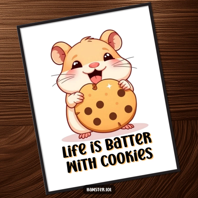 Funny free printable wall art of a hamster joyfully munching on a massive cookie piece, perfect for a kitchen or dorm.