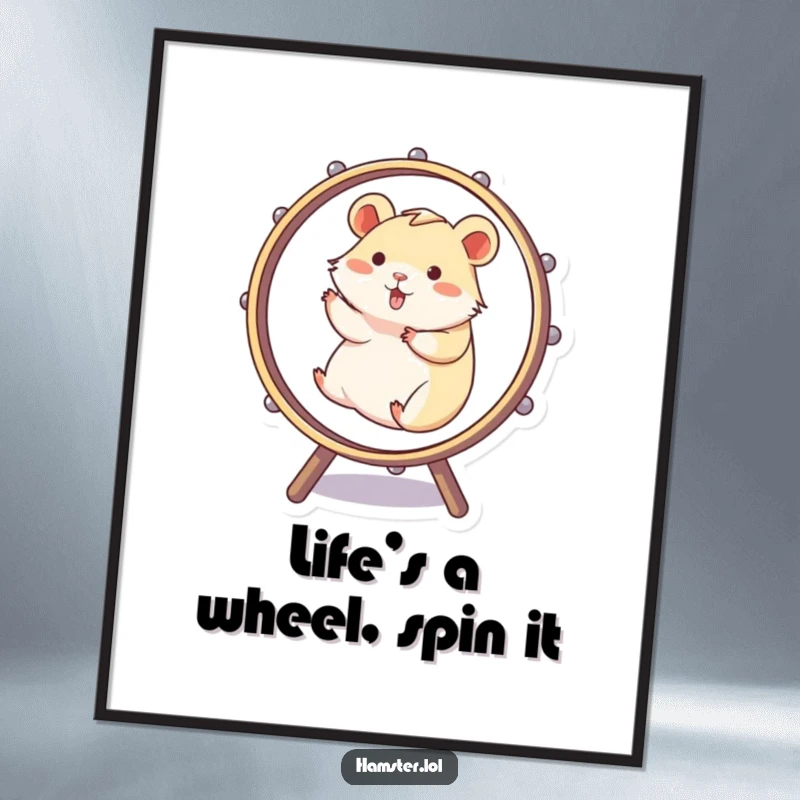 Funny Free Printable Wall Art: Playful hamster spins with ecstatic energy in a large wheel, adding quirky charm to decor.