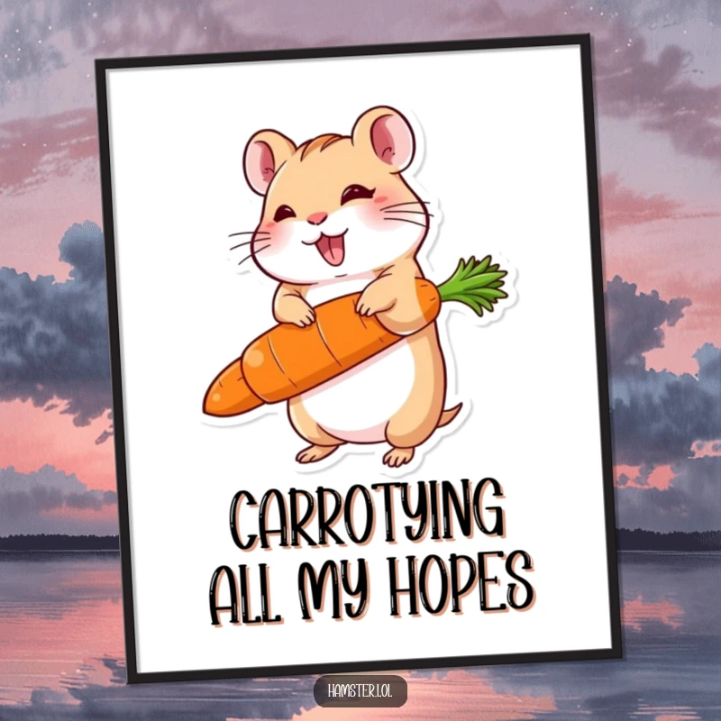 Funny Free Printable Wall Art: delighted hamster balancing a carrot much larger than itself, a humorous, whimsical decoration.