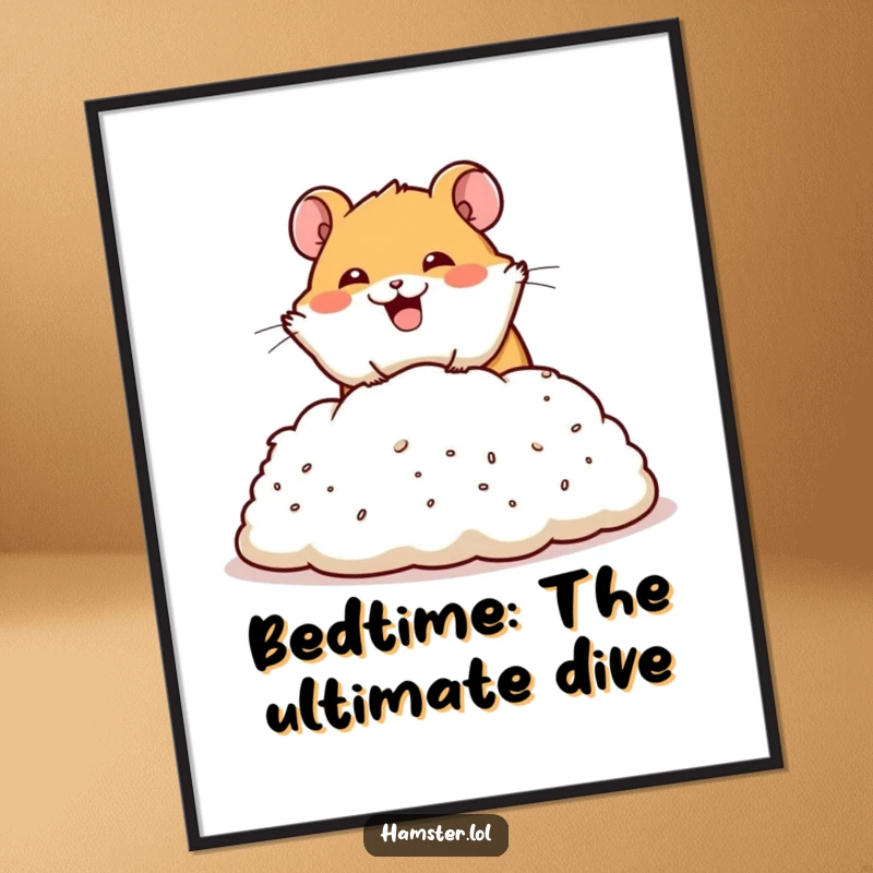 Funny Free Printable Wall Art: happy hamster performing a dramatic dive into a pile of bedding, a humorous, cozy decoration.