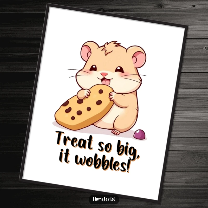 Funny Free Printable Wall Art: Wobbly hamster hilariously attempting to stash an enormous treat.