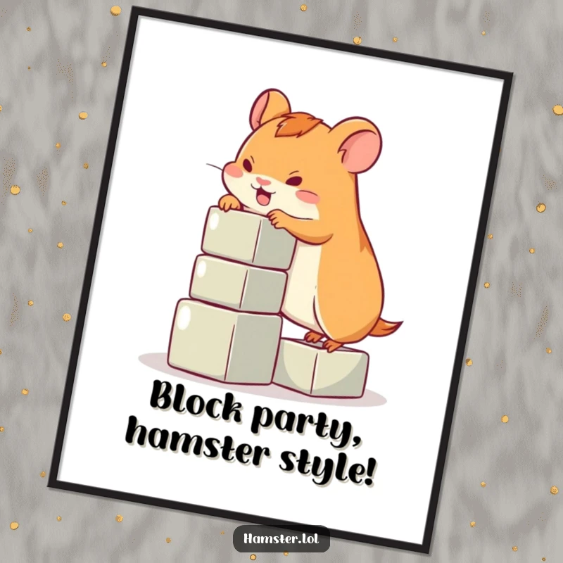 Funny Free Printable Wall Art: Playful hamster gamely ascending a tower of blocks, DIY decor.
