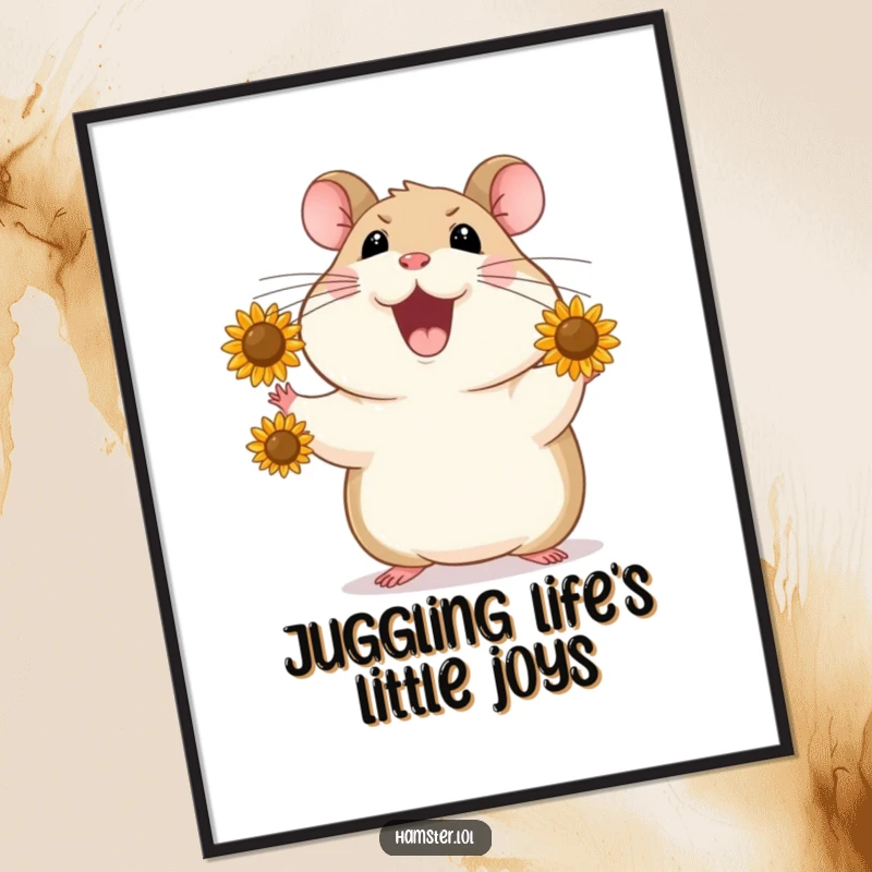 Funny Free Printable Wall Art: Joyful hamster skillfully juggles tiny sunflower seeds, adding a touch of playful talent to decor.