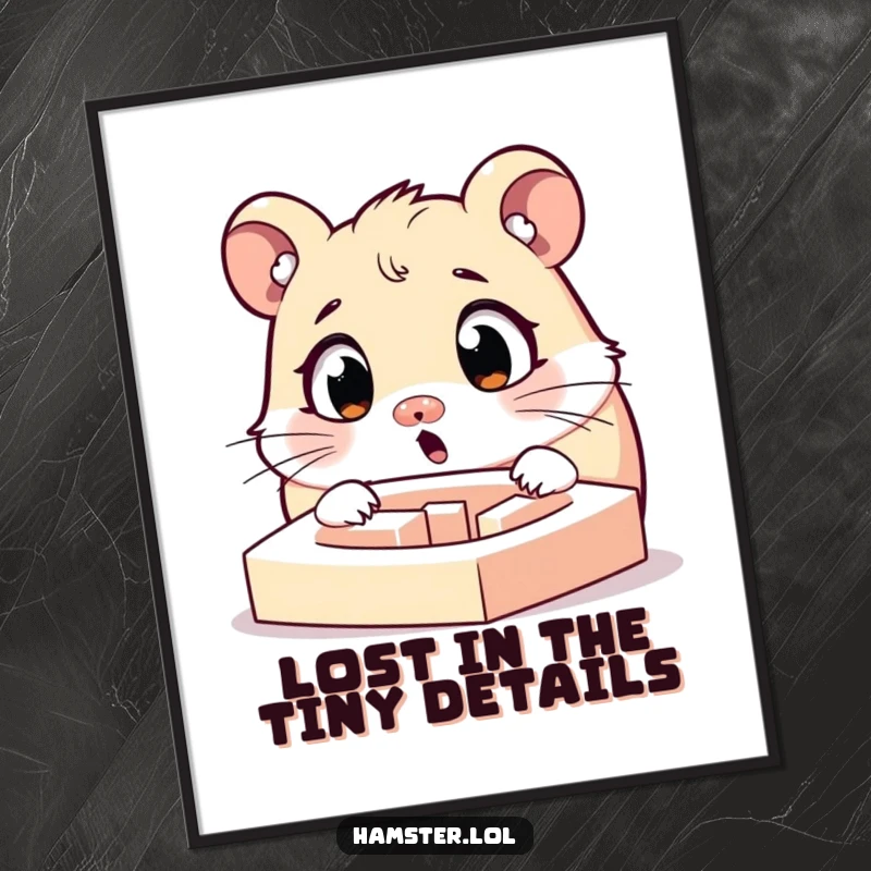 Funny Free Printable Wall Art: A surprised hamster character with widened eyes gazing at a tiny maze, perfect for playful decor.