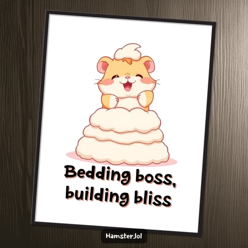 Funny Free Printable Wall Art: A determined hamster joyfully constructing an epic, towering monument of fluffy bedding.