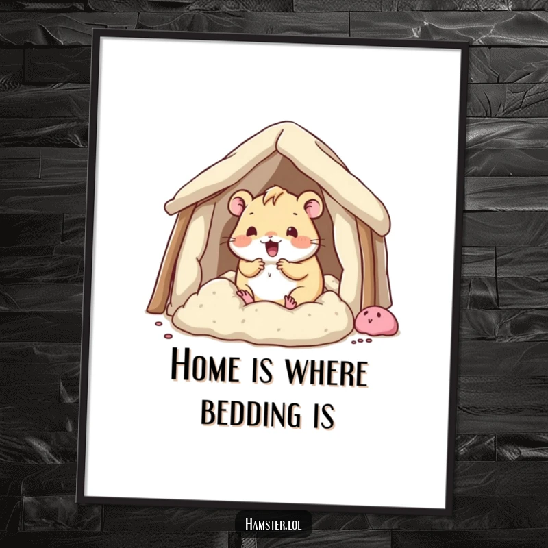 Funny Free Printable Wall Art: A kawaii hamster enthusiastically building a fort with bedding, a charming and humorous piece for your home.