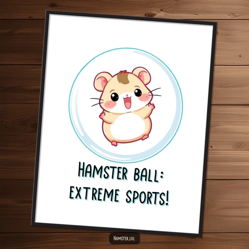 Funny Free Printable Wall Art: Cheerful hamster gleefully zooming around inside a transparent exercise ball.