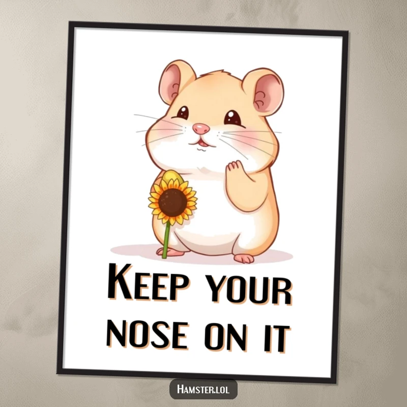 Funny Free Printable Wall Art: A hamster playfully balancing a tiny sunflower seed on its nose, a humorous and engaging decor piece.