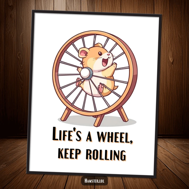 Funny Free Printable Wall Art: A hamster gleefully zooming in a ridiculously oversized wheel, a dynamic and humorous piece of decor.