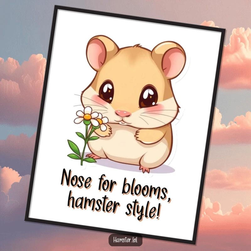 Funny Free Printable Wall Art: Curious hamster with large eyes sniffing a tiny, delicate bloom.