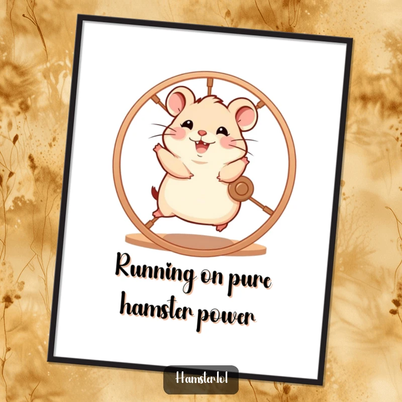 Funny Free Printable Wall Art: A hamster character enthusiastically running on a spinning wheel with glee, radiating pure joy.